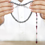 Sistemli Her Bir Tanesi ve İmamesi Usta işçilikli Kapsül Kesim Sedefli Gri Kırmızı Katalin Tesbih