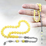 925 Ayar Gümüş Kral Zincir Püsküllü Bilek Boy Küre Kesim Soft Sarı Beyaz Doğal Damla Kehribar Tesbih