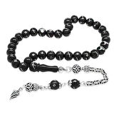 Rus Oltu Taşı Tesbih - 925 Ayar Gümüş Kral Püsküllü - Gümüş Tuğra İşlemeli - Küre Kesim