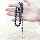 Erzurum Oltu Taşı Tesbih - 925 Ayar Kral Zincir Püsküllü - Gümüş Firuze İşlemeli - Küre Kesim