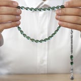 Ateş Kehribar Tesbih - 925 Ayar Gümüş Kral Zincir Püsküllü - Su Yeşili Renk - Arpa Kesim
