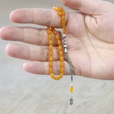 Ateş Kehribar Tesbih - 925 Ayar Gümüş Püsküllü - Koyu Sarı Renk - Mini Boy - Arpa Kesim