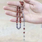 Doğaltaş Opal Tesbih - 925 Ayar Gümüş Püsküllü - Kişiye Özel İsim Yazılı - Kırmızı Renk - Arpa Kesim