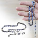 Doğaltaş Sodalit Tesbih - 925 Ayar Gümüş Püsküllü - Kişiye Özel İsim Yazılı - Arpa Kesim