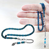 Ateş Kehribar Tesbih - 925 Ayar Gümüş Zincir Püsküllü - Bilek Boy - Mavi Renk - Kapsül Kesim