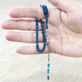 Ateş Kehribar Tesbih - 925 Ayar Gümüş Zincir Püsküllü - Bilek Boy - Mavi Renk - Kapsül Kesim