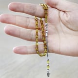 Ateş Kehribar Tesbih - 925 Ayar Gümüş Püsküllü - Mini Boy - Sarı Renk - Arpa Kesim