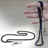 Sıkma Kehribar Namaz Tesbihi - 925 Ayar Gümüş Vav Püsküllü - Süzme Mavi Siyah - Küre Kesim