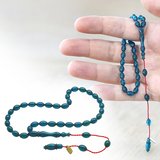 Ateş Kehribar Tesbih - Sistemli - Mini Boy - Turkuaz Renk - Arpa Kesim