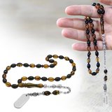 Ateş Kehribar Tesbih - Metal Püsküllü - Sarı Siyah Renk - İsme Özel Yazılı - Arpa Kesim