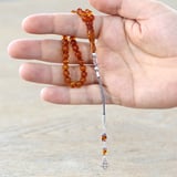 Damla Kehribar Tesbih - 925 Ayar Gümüş Püsküllü - Bal Rengi - Küre Kesim