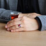 Zincir Tasarım Faset Kırmızı Zirkon Taşlı 925 Ayar Gümüş Erkek Yüzük