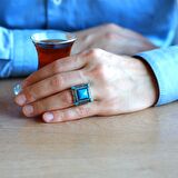 Kare Tasarım Firuze Taşlı Çevresi Mikro Zirkon Taş Mıhlamalı 925 Ayar Gümüş Erkek Yüzük