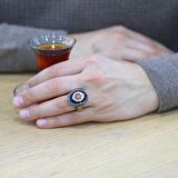 Mavi Sıkma Kehribar Üzerine "Mühr-i Süleyman" İşlemeli 925 Ayar Gümüş Erkek Yüzük