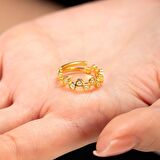 Zirkon Taşlı Taç Tasarım Gold Renk Free Size 925 Ayar Gümüş Kadın Yüzük