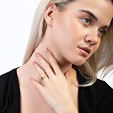 Zirkon Taşlı Dikdörtgen Detaylı Gold Renk Free Size 925 Ayar Gümüş Kadın Yüzük