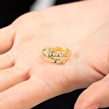 Zirkon Taşlı Snake Tasarım Gold Renk Free Size 925 Ayar Gümüş Kadın Yüzük