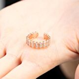 Sıralı Zirkon Taşlı Rose Renk Free Size Yarım Tur 925 Ayar Gümüş Kadın Yüzük