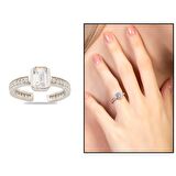 Baget Kesim Beyaz Zirkon Taşlı Silver Renk Free Size 925 Ayar Gümüş Kadın Tektaş Yüzük