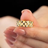 Zincir Tasarım Gold Renk Free Size 925 Ayar Gümüş Kadın Tektaş Yüzük