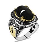 Siyah Oniks Taşlı Oval Tasarım Kişiye Özel İsim/Harf Yazılı 925 Ayar Gümüş Erkek Yüzük