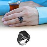 Nokta Desenli Lale İşlemeli Siyah Oniks Taşlı 925 Ayar Gümüş Erkek Yüzük