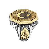 Tuğra Detaylı Ayyıldız Motifli 925 Ayar Gümüş Erkek Yüzük