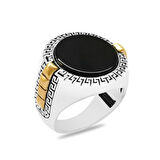 Oval Tasarım Siyah Oniks Taşlı Greek Desenli 925 Ayar Gümüş Erkek Yüzük