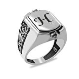 Oniks Taşlı Siyah Zirkon Taşlı Mıhlamalı Çift Taraflı Kişiye Özel İsim Harf Yazılı 925 Ayar Gümüş Erkek Yüzük