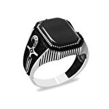 Siyah Oniks Taşlı Kama Detaylı 925 Ayar Gümüş Erkek Yüzük
