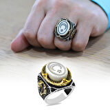 Fildişi Üzerine Ayyıldız İşlemeli Kenarları Zirkon Taşlı Koleksiyonluk 925 Ayar Gümüş Erkek Yüzük