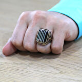 Dikdörtgen Tasarım Kenarları Mikro Zirkon Taş Mıhlamalı Koleksiyonluk 925 Ayar Gümüş Erzurum Oltu Taşı Erkek Yüzük