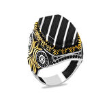 Erzurum Oltu Taşı Üzerine Gümüş Çapraz Şerit İşlemeli Dikdörtgen Tasarım Kenarı Alev Süslemeli Koleksiyonluk 925 Ayar Gümüş Erkek Yüzük