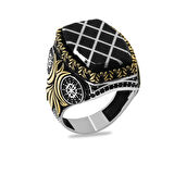 Erzurum Oltu Taşı Üzerine Gümüş Baklava Deseni İşlemeli Dikdörtgen Tasarım Koleksiyonluk 925 Ayar Gümüş Erkek Yüzük