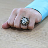 Fildişi Üzerine Gümüş Baklava Deseni İşlemeli Zirkon Taşlı Koleksiyonluk 925 Ayar Gümüş Erkek Yüzük