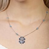 Nazar Boncuğu Detaylı Kır Çiçeği Tasarım Silver Renk 925 Ayar Gümüş Kolye