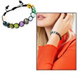 Makrome Örgülü Küre Kesim Çoklu Doğaltaş Kombinli Kadın Şifa Bilekliği