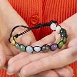 Makrome Örgülü Küre Kesim Çoklu Doğaltaş Kombinli Kadın Şifa Bilekliği