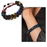 Çift Sıra Makrome Örgülü Küre Kesim Çoklu Kaplangözü Doğaltaş Kombinli Erkek Enerji Bilekliği