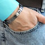 Kişiye Özel İsim Yazılı Silver-Black Renk Çelik Erkek Bileklik (Model-1)