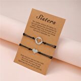 Siyah İp Zincirli 316L Kalite Çelik Kalp Tasarım 2li Kız Kardeş/Arkadaş Bileklik Seti