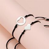 Siyah İp Zincirli 316L Kalite Çelik Kalp Tasarım 2li Kız Kardeş/Arkadaş Bileklik Seti