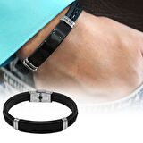 Silikon Kordonlu Siyah Çelik Plakalı Siyah İp Detaylı Kişiye Özel İsim veya Harf Yazılı Erkek Bileklik
