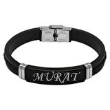 Silikon Kordonlu Siyah Çelik Plakalı Siyah İp Detaylı Kişiye Özel İsim veya Harf Yazılı Erkek Bileklik
