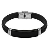 Silikon Kordonlu Siyah Çelik Plakalı Siyah İp Detaylı Kişiye Özel İsim veya Harf Yazılı Erkek Bileklik