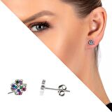 Multicolor Zirkon Taşlı Yonca Yaprağı Tasarım 925 Ayar Gümüş Kadın Küpe