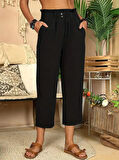 Rose's Boutiqe All About Women Kadın Bel Büzgü Ve Düğme Detay Kısa Geniş Paça Keten Pantolon