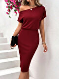 Rose's Boutiqe All About Women Kadın Kısa Kollu Düşük Omuz Beli Lastikli Midi Boy Krep Elbise