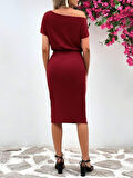 Rose's Boutiqe All About Women Kadın Kısa Kollu Düşük Omuz Beli Lastikli Midi Boy Krep Elbise