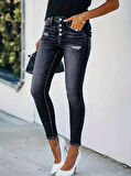 Rose's Boutiqe All About Women Kadın önü Düğmeli Eskitme Slim Fit Antrasit Kot Pantolon
